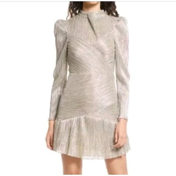 Saylor Saydee Mini Dress Beige Platinum Metallic Mock Neck Long Sleeve Sz Large - Picture 4 of 16
